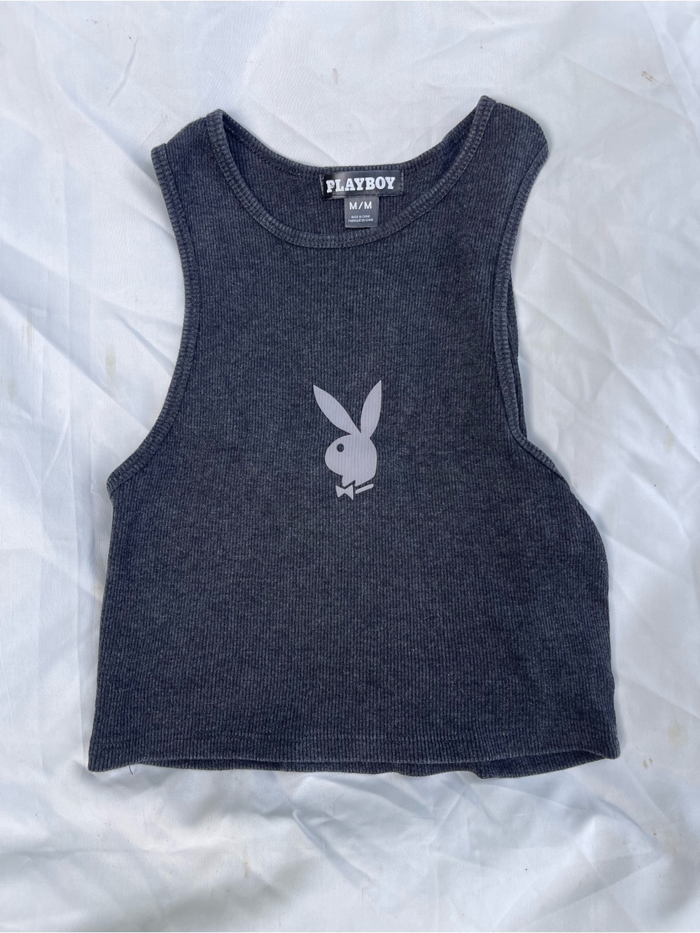PLAYBOY Dark Charcoal Ribbed Tank with Bunny Logo